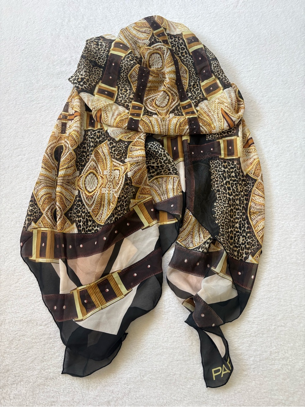 100% Silk Luxury Leopard & Chain Print Scarf in Black, Brown & Gold